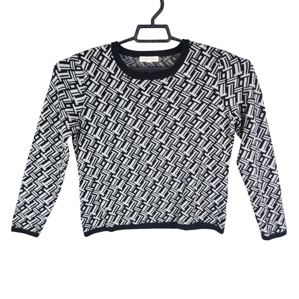 Womens Retrology Black & White Geometric Pattern Knit Sweater Round Neck Size M